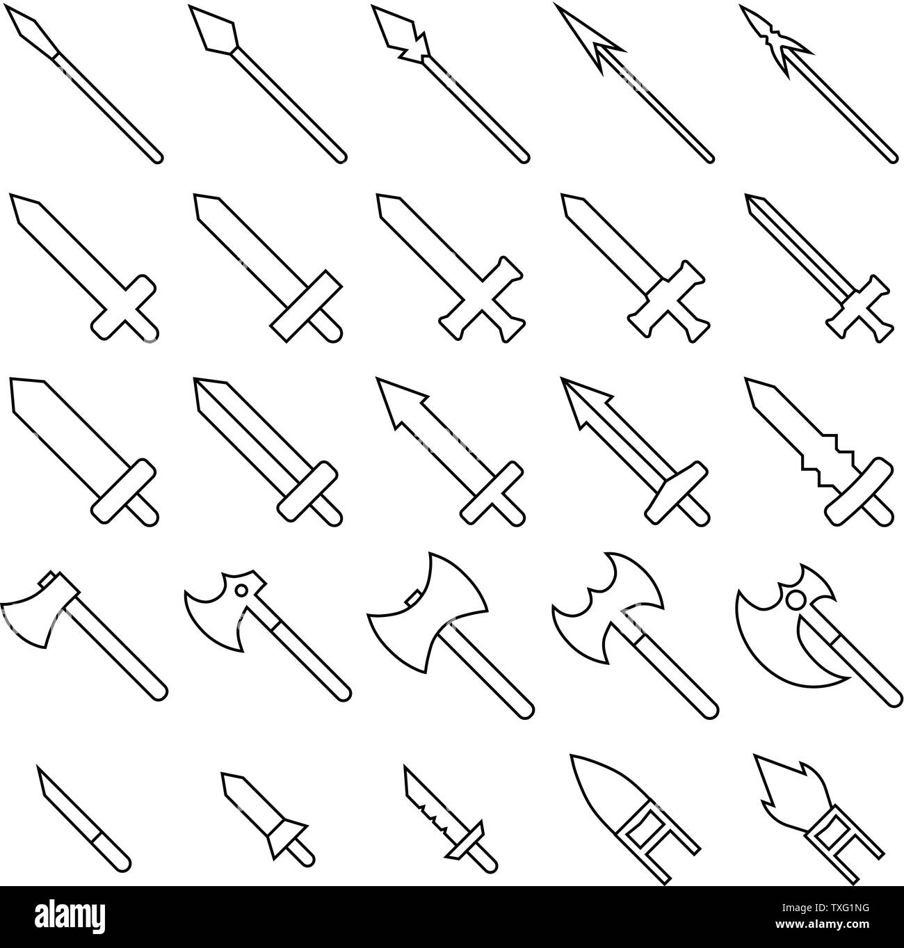 Satz mit 25 Umrisse Waffe Symbole auf weißem Hintergrund. Mittelalterliche Waffe Silhouette. Vector Illustration für ihr Design, Game, Karte, Web. Stock Vektor
