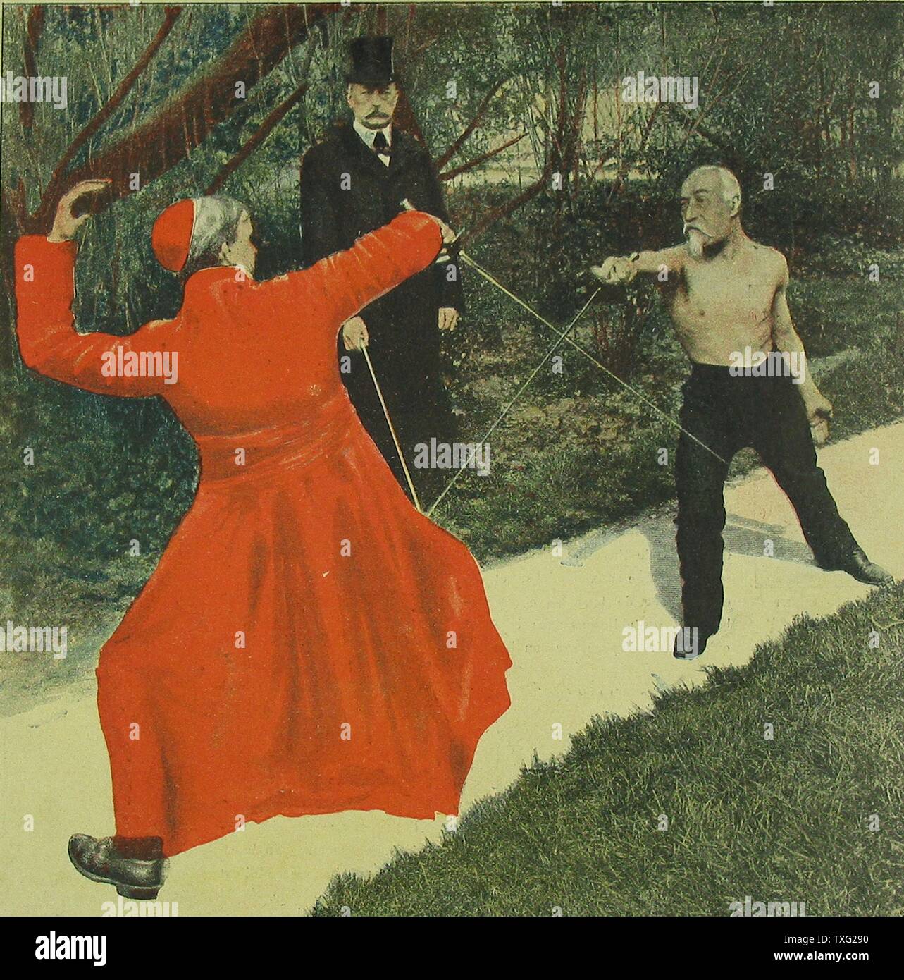 Schwert Duell zwischen der Kirche und der zivilen aus dem frühen 20. Jahrhundert Farblithografie (20,5 cm x 20,5 cm) eine anti-masonic Dokument, Emile Combes Duell mit einem Mitglied des Hohen Klerus in der Zeit der Trennung von Kirche und Staat im Jahre 1905. Paris, Musée de La Franc-Maçonnerie Stockfoto