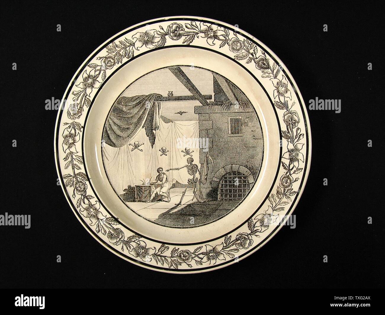 Stück Steingut aus Paris, die das Kabinett de Reflexion (dunklen Ort, wo zukünftige Maurer, ihre philosophischen Testament schreiben). Anfang des 19. Jahrhunderts 21,5 cm Diese Massenproduktion der Französischen gedruckt Steingut von Creil oder Choisy-le-Roi für eine Reihe von Masonic Ebenen, von der Einleitung bis zur höchsten Ebene. Paris, französische Museum der Freimaurerei Stockfoto