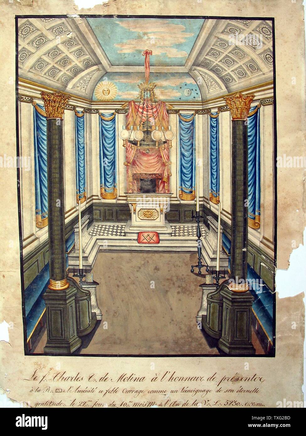 Innenraum der Havre Masonic Temple Aquarell (17 cm x 22 cm) mit dem Zitat "ehrenvoll präsentiert von F. Charles de Molina zu RL L'Aménité 1830." Paris, Musée de La Franc-Maçonnerie Stockfoto