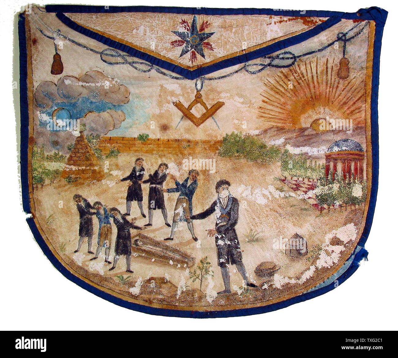 Schürze mit "horror Schild "Französisch Rite Öl auf Leder aus dem frühen 19. Jahrhundert Paris, Musée de La Franc-Maçonnerie Stockfoto
