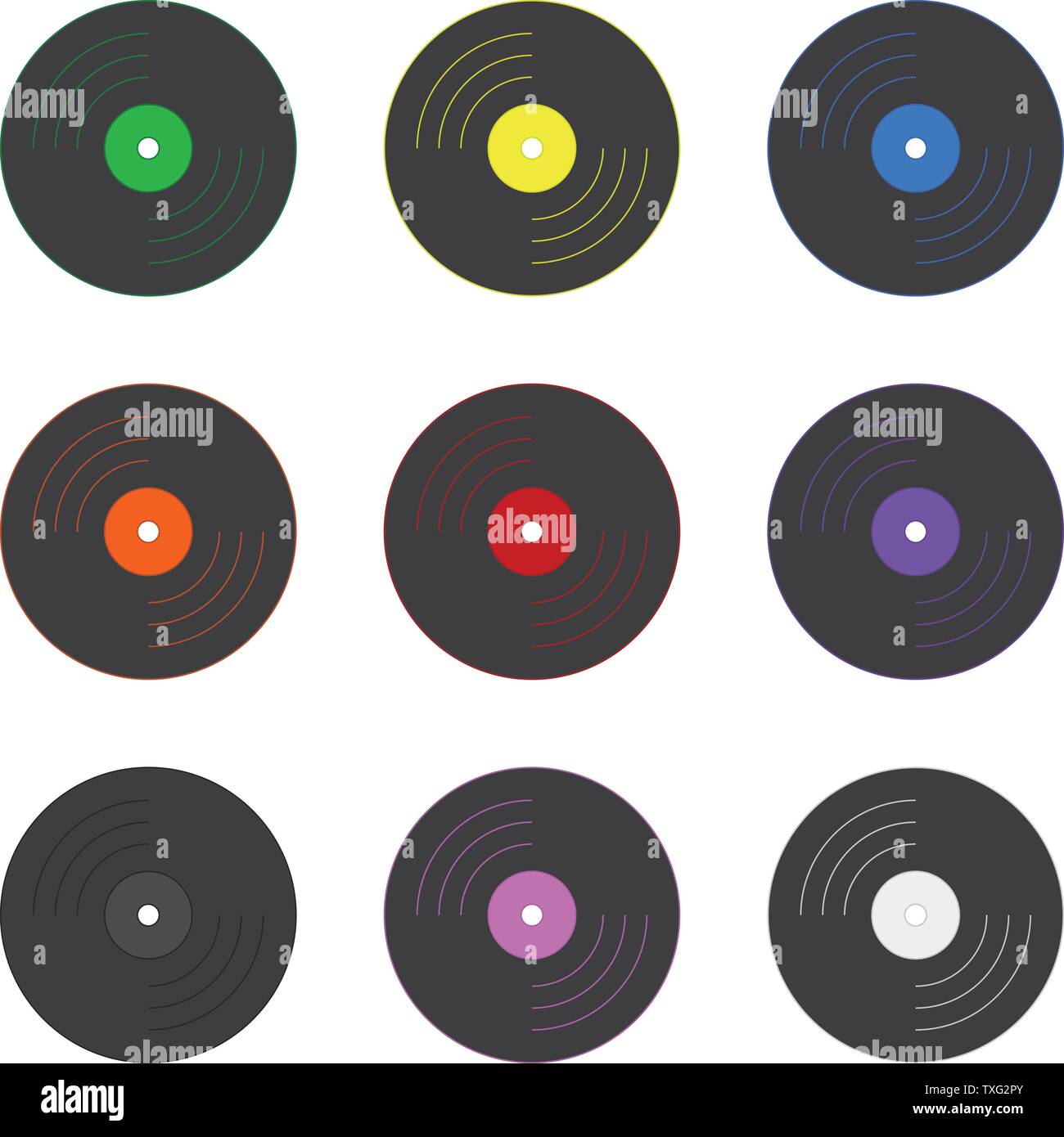 Satz farbiger Schallplatten isoliert auf weißem Hintergrund. Urlaub Element. Vector Illustration für Ihr Design, Game, Karte. Stock Vektor