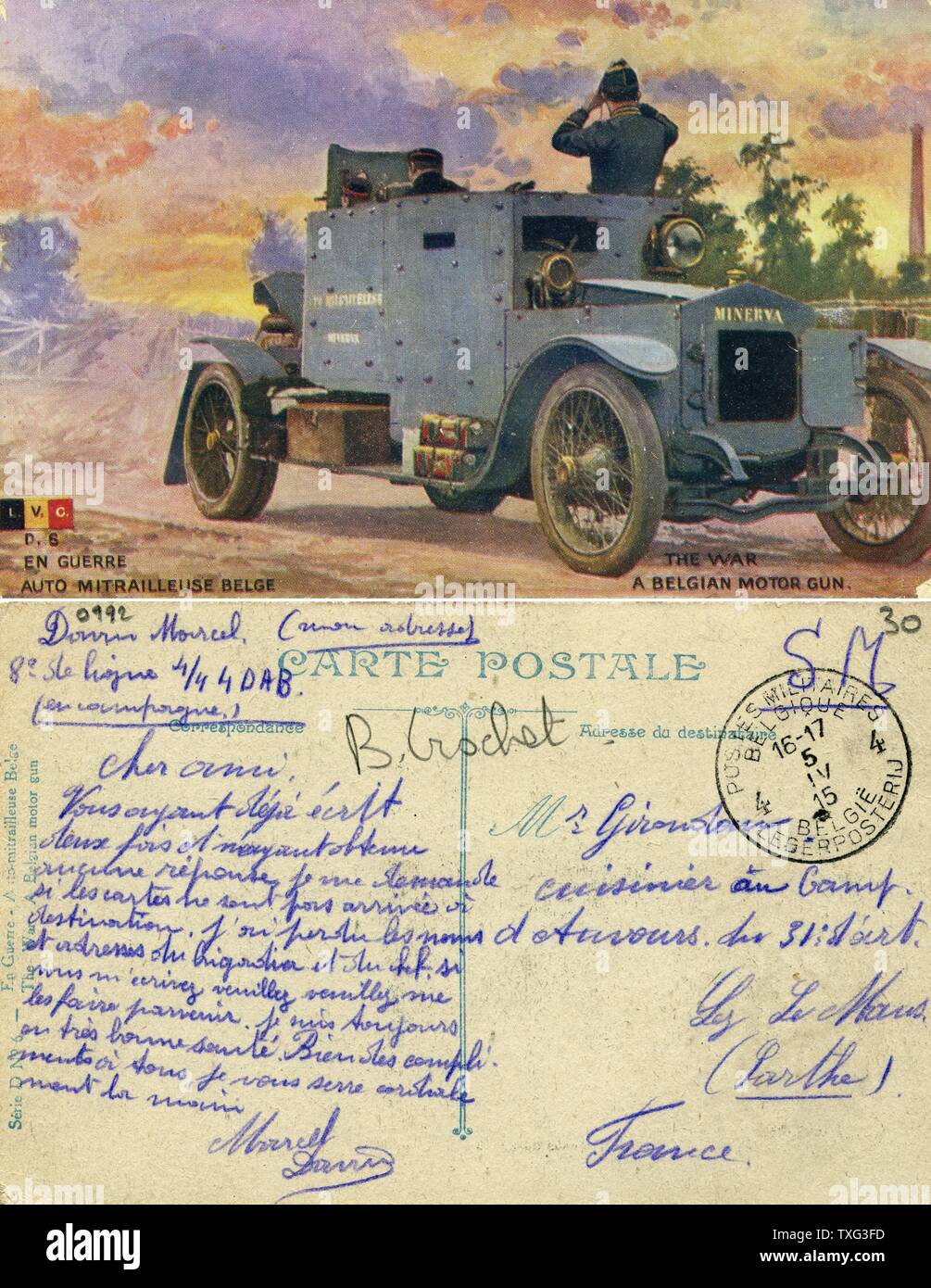 Postkarte mit einem Belgischen Auto-Kanonen - Mitrailleuse Minerva, wurde während der Schlacht an der Yser dann an der russischen Front während des Ersten Weltkrieges auf der Rückseite der Postkarte verwendet, ein poilu schreibt aus dem Lager von auvours in der Sarthe Abteilung (in der Nähe von Le Mans). 1914 Stockfoto