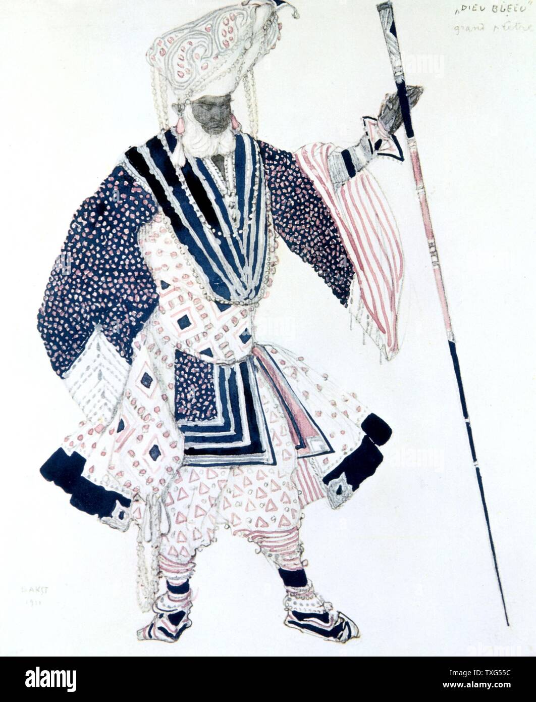 Kostüm Design von Leon Bakst für Soma, der Hohe Priester in "Le Dieu bleu' (Der blaue Gott), 1911 produziert von Sergei Djagilews Ballets Russes. Musik von Reynaldo Hahn, Choroegraphy von Michel Fokine Stockfoto