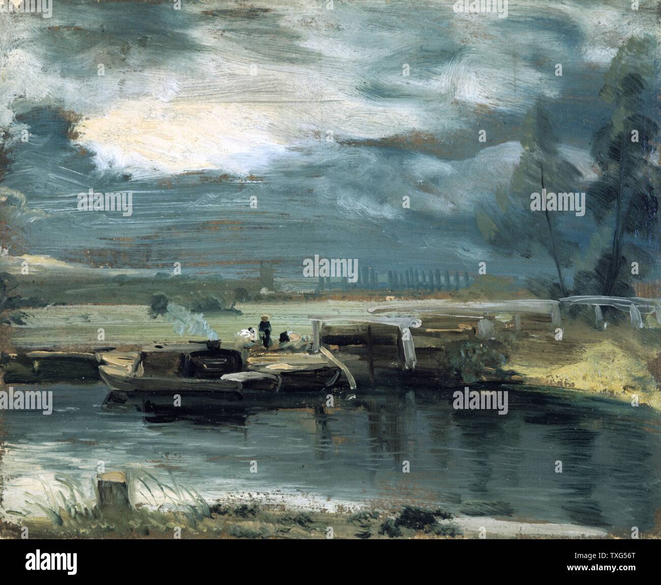 John Constable English School Lastkähne auf dem Stour an Flatford, mit Dedham Kirche c 1811 Öl auf Papier auf Leinwand (26 x 31,1 cm) London, Victoria und Albert Museum Stockfoto