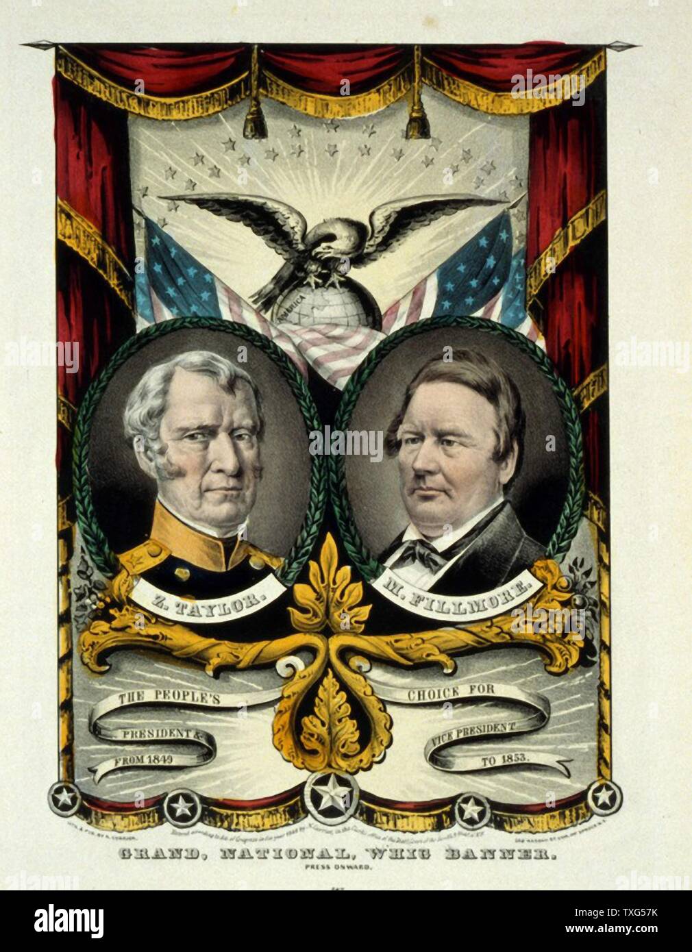 Whig Party Banner für die Präsidentenwahl von Major General Zachary Taylor als 12. Präsident der Vereinigten Staaten von Amerika und sein Vizepräsident Millard Fillmore. Stockfoto