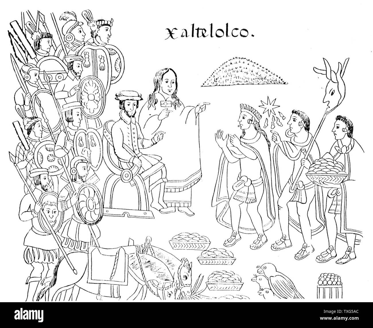 Hernandez Cortes oder Cortez, spanischen Conquistador, Xaltelolco, in Mexiko erobert. Neben ihm ist La Malinche seiner Herrin, der als Dolmetscher fungierte. Gravur nach dem 16. jahrhundert Codex' Geschichte von Tlaxcala' Stockfoto