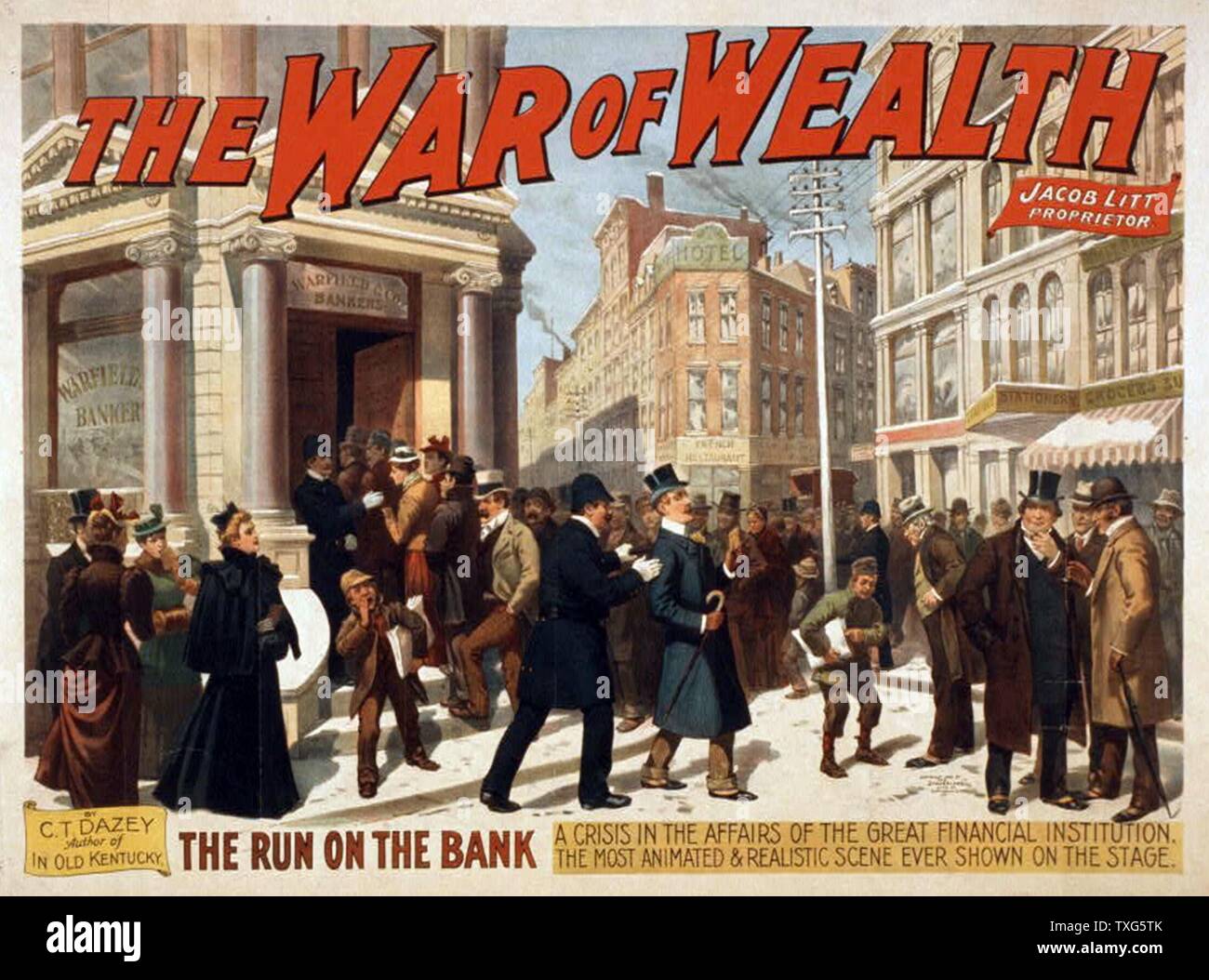 Charles Turner Dazey amerikanischen Schule Plakat für "den Krieg von Reichtum" - melodram am Broadway, New York. Von der Panik von 1893, die eine Zeit der wirtschaftlichen Depression in Amerika inspiriert Chromolithograph gekennzeichnet Stockfoto