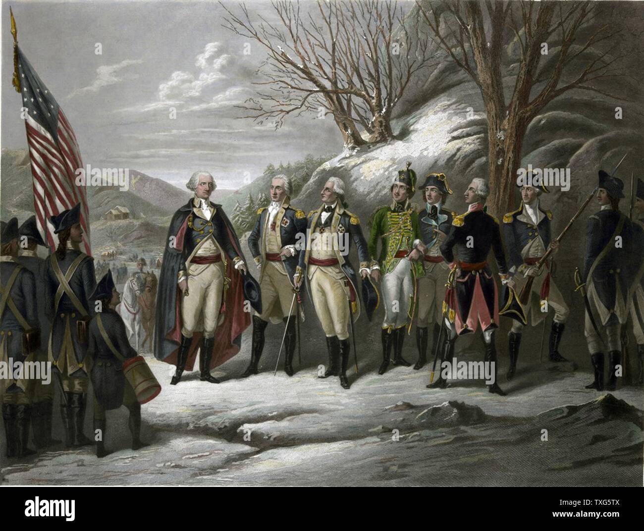 Revolutionären Krieg 1775-1783 (Amerikanischer Unabhängigkeitskrieg): George Washington, Links, mit anderen Offizieren einschließlich De Kalb, von Steuben, Pulaski, Kosciouszko, Lafayette und Muhlenberg Drucken nach Friedrich Girsch Stockfoto