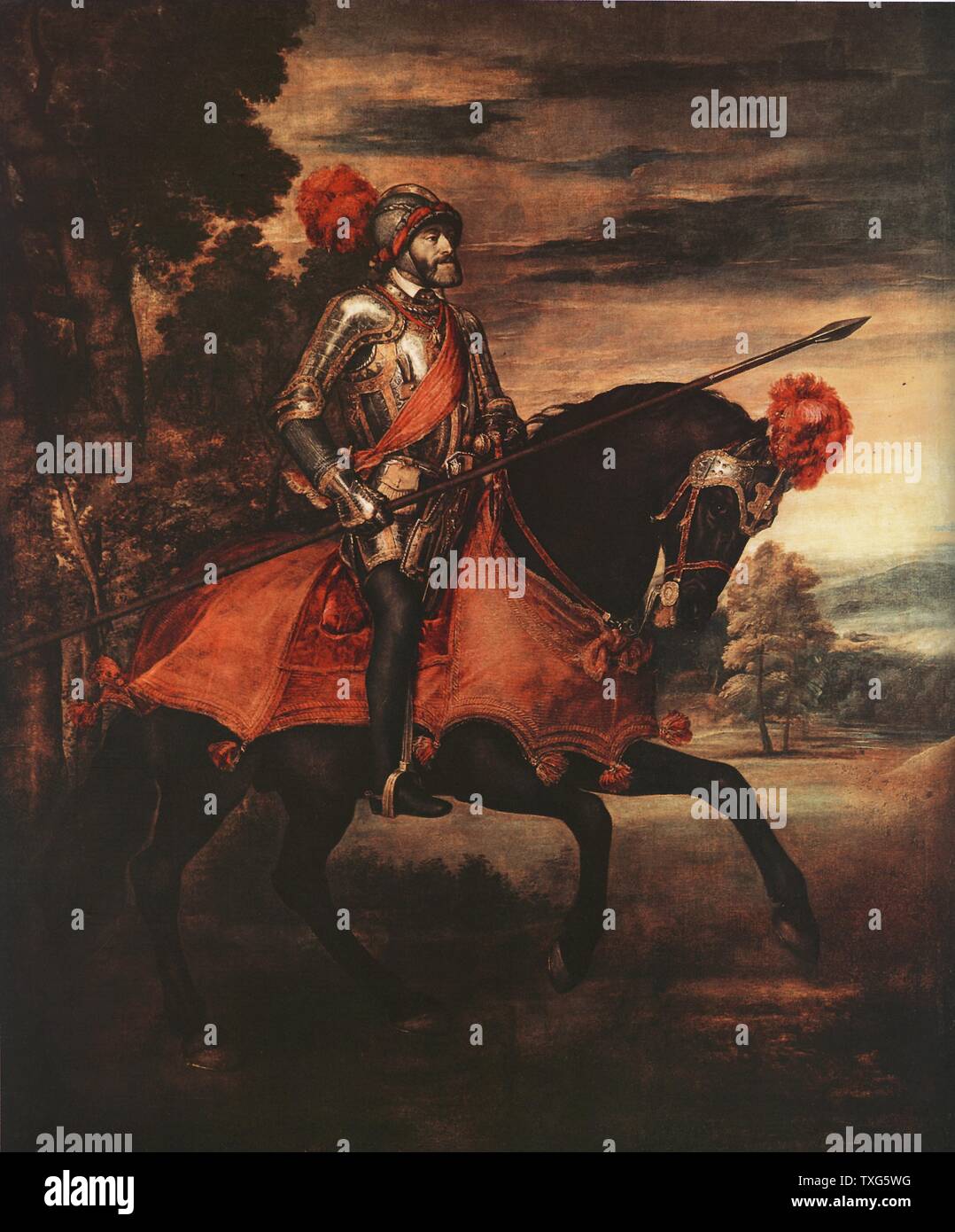 Tizian (Tiziano Vecellio) Italienische Schule die Kaiser Karl V. zu Pferde, Kaiser des Heiligen Römischen Reiches (1519-1556) und König von Spanien als Karl I. (1516-1556), Gründer der Habsburger Dynastie Stockfoto