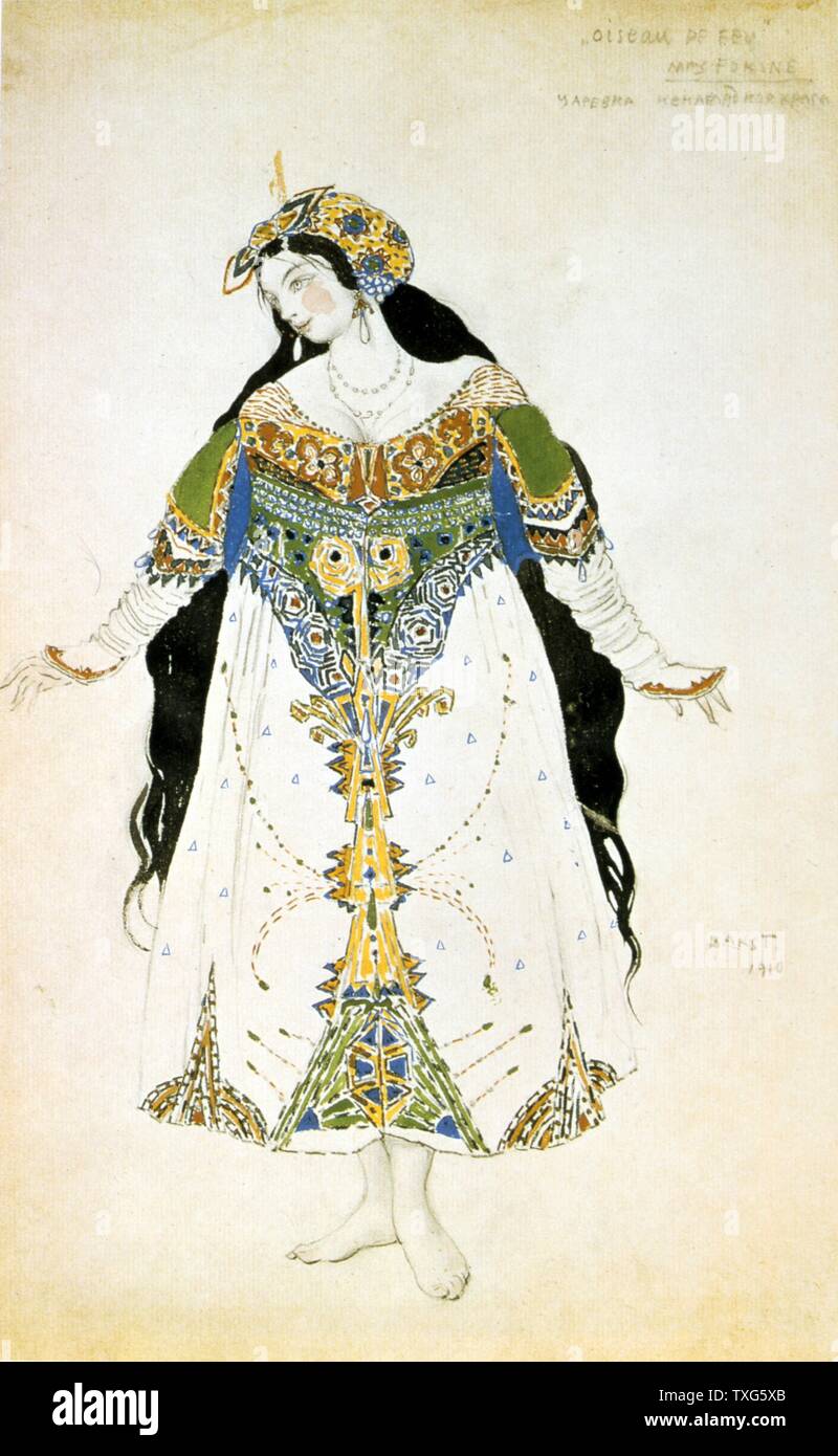 Kostüm Design von Leon Bakst (russische Theater und Ballett designer), für "Der Feuervogel", Musik von Igor Strawinsky - 1910, Choreografie von Michel Fokine und von Russischen Ballette Sergei Djagilews Aquarell und Gouache auf Papier Stockfoto