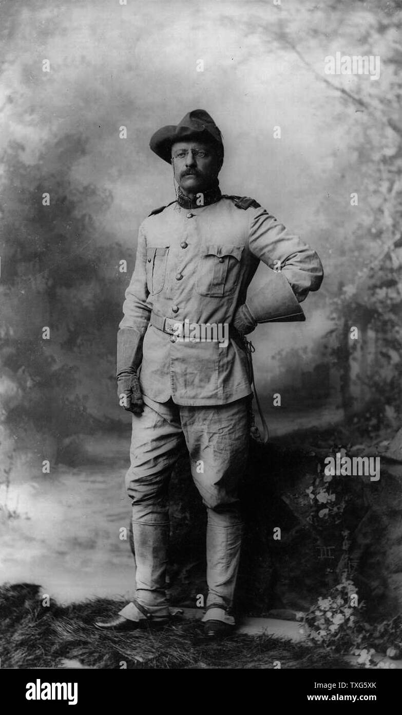 Theodore Roosevelt, 26. Präsident der Vereinigten Staaten von Amerika (1901-1909). Im Spanisch-Amerikanischen Krieg Roosevelt mit ersten uns Freiwillige Cavalry Regiment "Rough Riders", die er gebildet Stockfoto