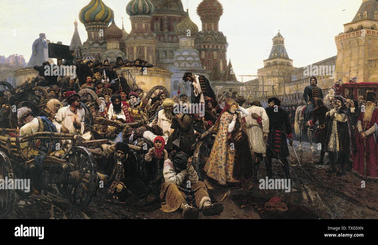 Wassilij Iwanowitsch Surikow russische Schule Morgen bei der Ausführung von Streltsy (Aufstand von 1698) Öl auf Leinwand Stockfoto