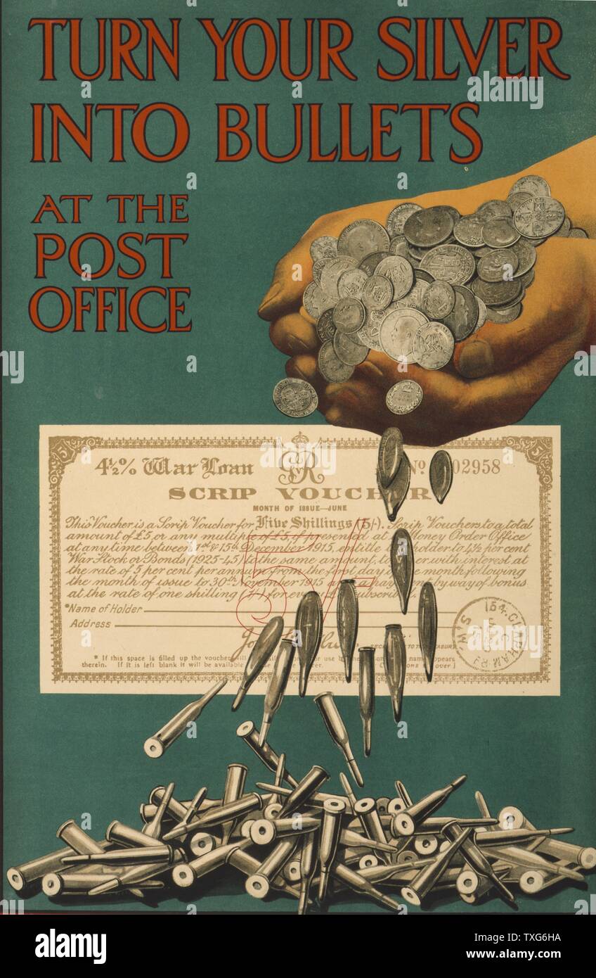 Weltkrieg I: Britische Plakat für Krieg Darlehen, die von der Parlamentarischen Krieg Einsparungen Ausschuss' biegen Sie veröffentlicht ihre Silber in Kugeln auf die Post Office" Chromolithograph Stockfoto