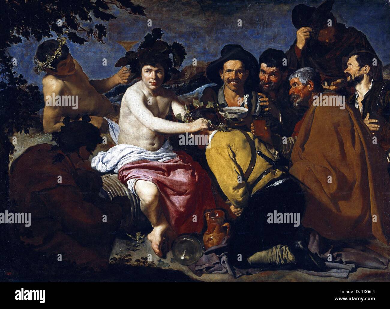 Diego Velázquez Spanisch Schule der Triumph des Bacchus oder die Betrunkenen El Triunfo de Baco, o Los Borrachos 1628-1629 Öl auf Leinwand (165 x 225 cm) Madrid, Museo del Prado Stockfoto