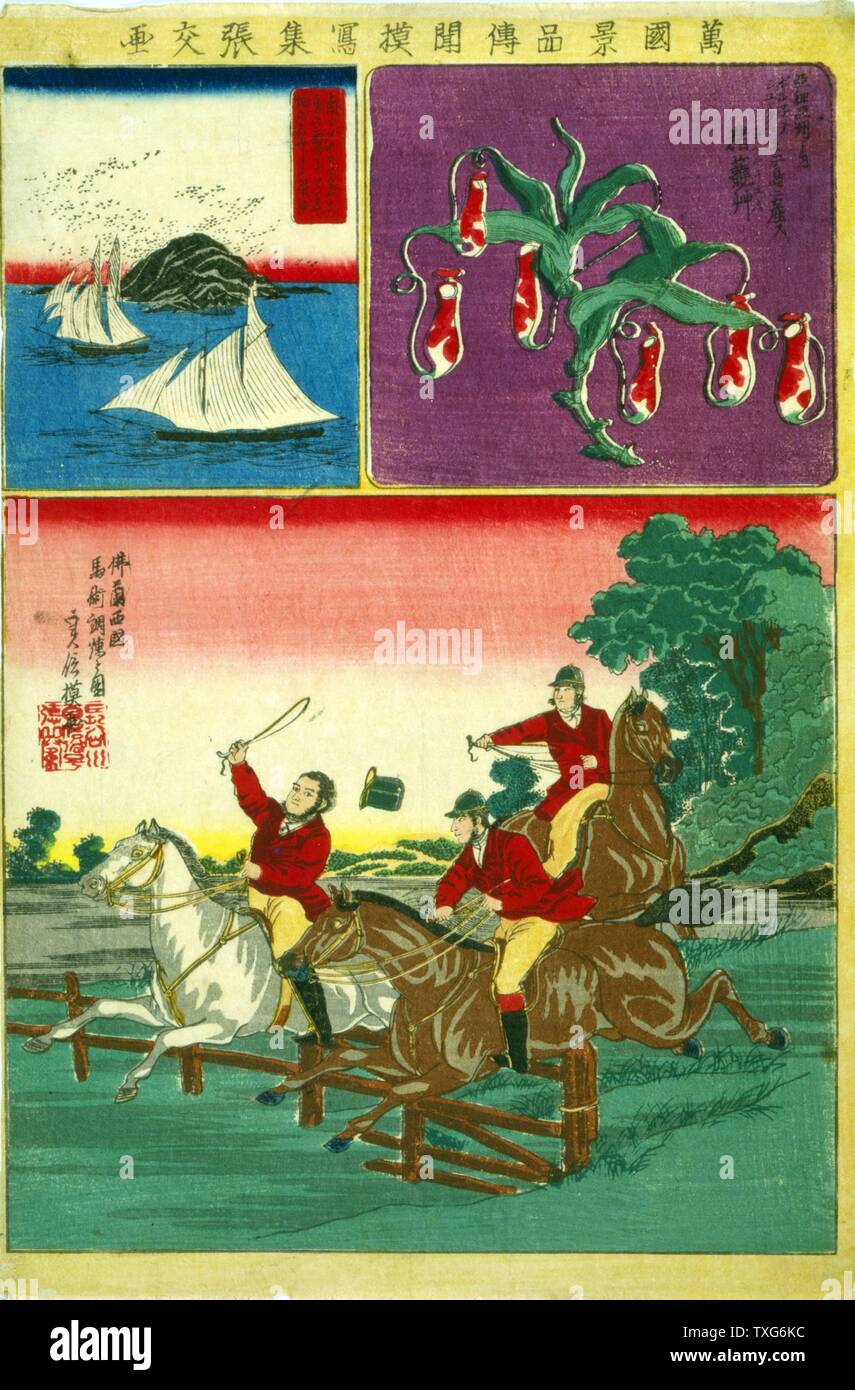Anonyme Japanische Schule Composite von drei Szenen: Schiffe, die um einen Südamerikanischen Insel; Orchidee aus Borneo; drei Franzosen reiten Pferde in einem hindernislauf Holzschnitt Stockfoto