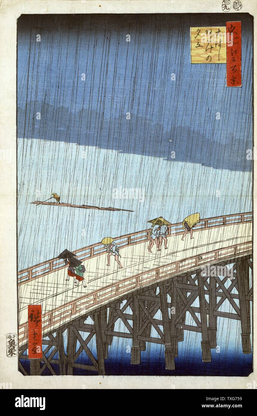 Utagawa Hiroshige Japanische Schule plötzliche Dusche über Oshashi Brücke und Atake' Hundert berühmten Blick auf Edo" - Fußgänger im schweren Regen auf hölzernen Brücke Tiefbau Wetter überrascht Stockfoto