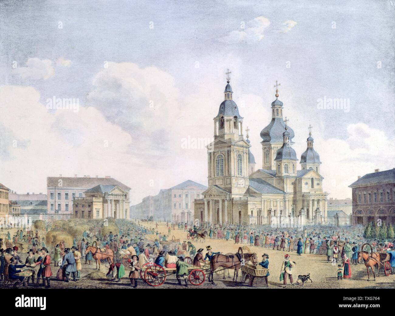 Alexander Brullov russische Schule Heu (Sennaya Ploschad) in St. Petersburg - Kirche der Mariä Himmelfahrt, rechts Lithographie Stockfoto