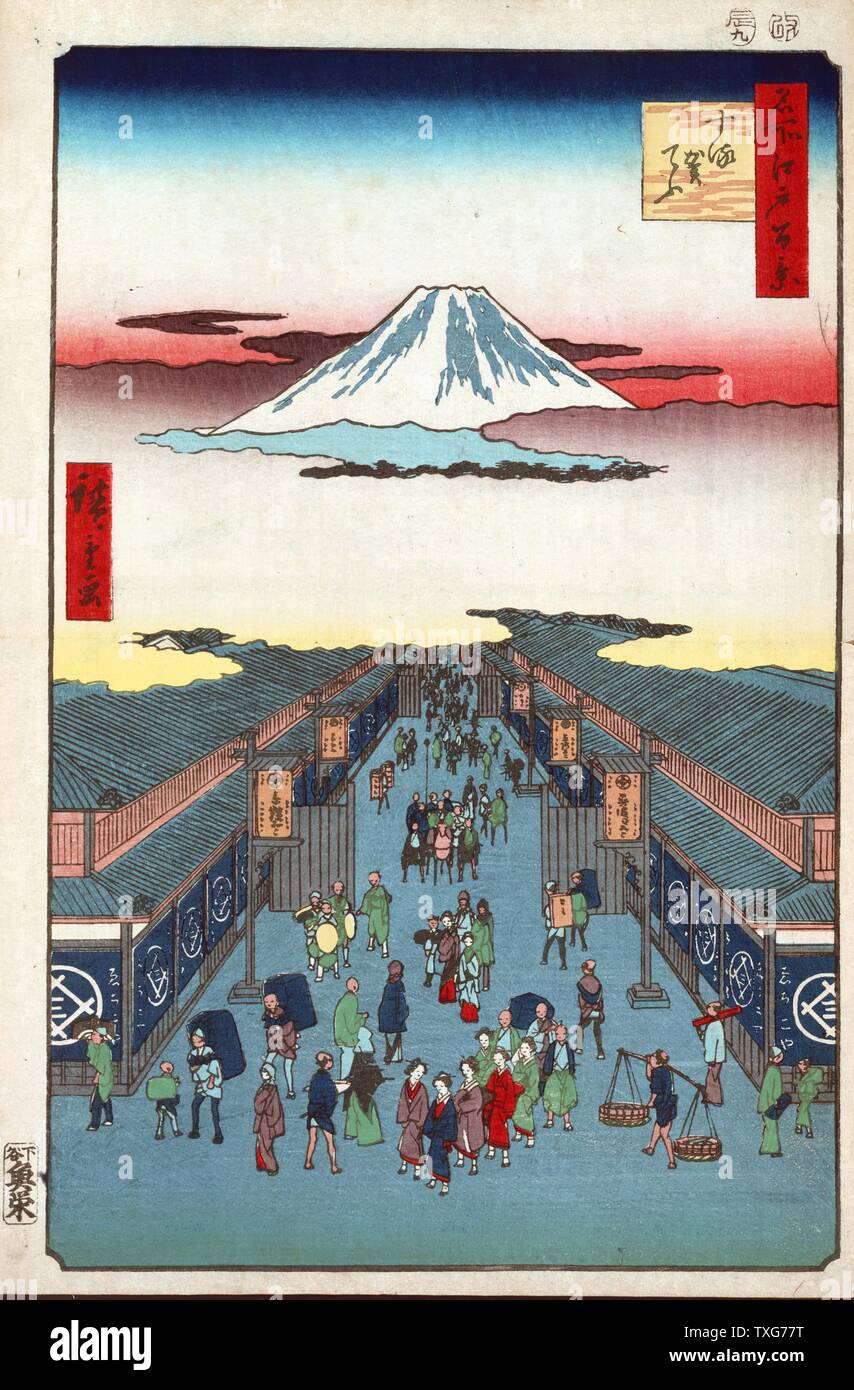 Utagawa Hiroshige Japanische Schule Suroga-Cho: Von "Hundert berühmten Blick auf Edo' - Straßenszene in Tokio, Japan, mit der sumit von Fuji scheinbar schwebend in den Wolken Holzschnitt Stockfoto