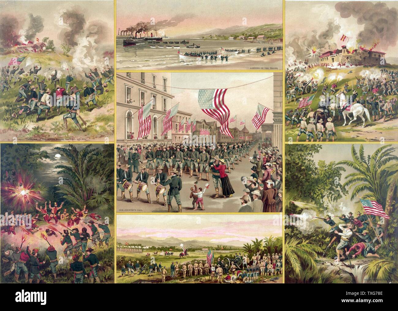 Spanish-Cuban-amerikanischen Krieg 1898: US-Truppen Anruf Annehmen ihres Landes (Mitte) durch Motive der verschiedenen Episoden umgeben, darunter auch der Fall der Spanisch-El Caney in der Nähe von Santiago de Cuba am 1. Juli 1898 Chromolithograph Stockfoto
