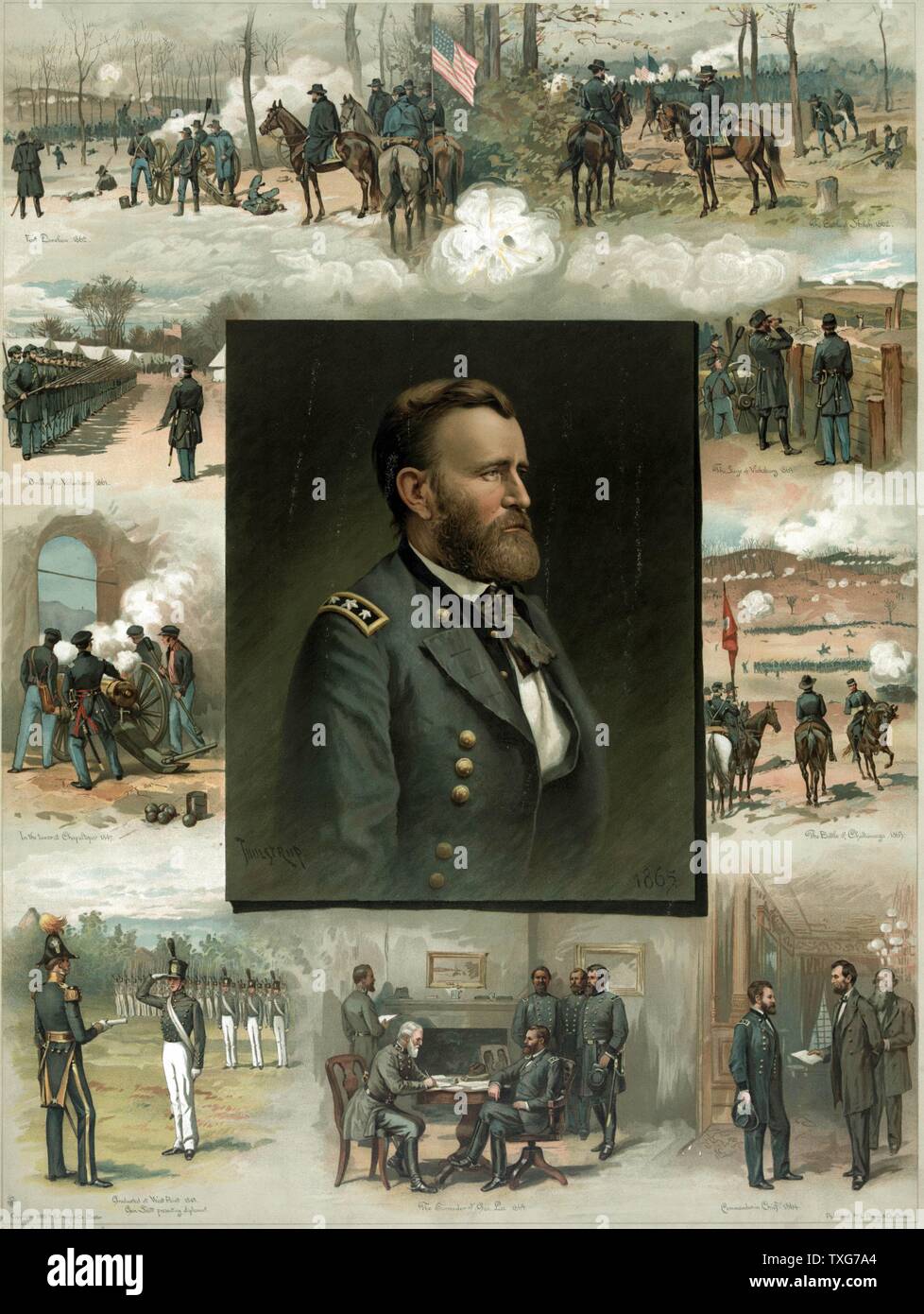 Szenen im Leben von Ulysses S. Grant, 18. Präsident der Vereinigten Staaten, von der Graduierung von West Point, 1843, durch den Amerikanischen Bürgerkrieg zu Robert E Lee's Hingabe an Appotomax 1865 Chromolithograph Stockfoto