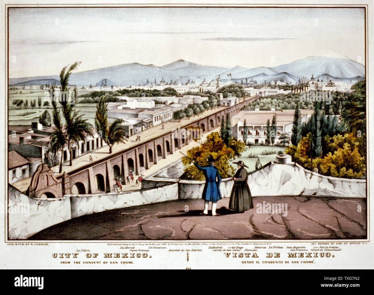 Panoramablick von Mexiko City aus dem Kloster von San Cosme Drucken gesehen von Currier & Ives Stockfoto