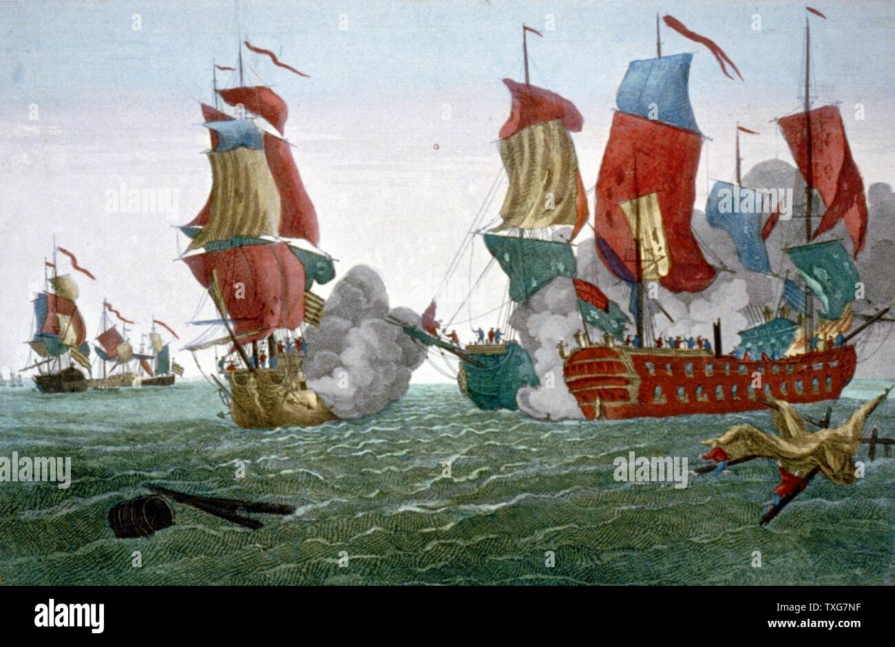 Amerikanischer Unabhängigkeitskrieg: Schlacht von Flamborough Head, East Yorkshire, England, 22. Sept. 1779, zwischen der amerikanischen John Paul Jones und dem britischen Schiff erapis" unter Kapitän Richard Pearson. Jones erfasst die erapis' Stockfoto