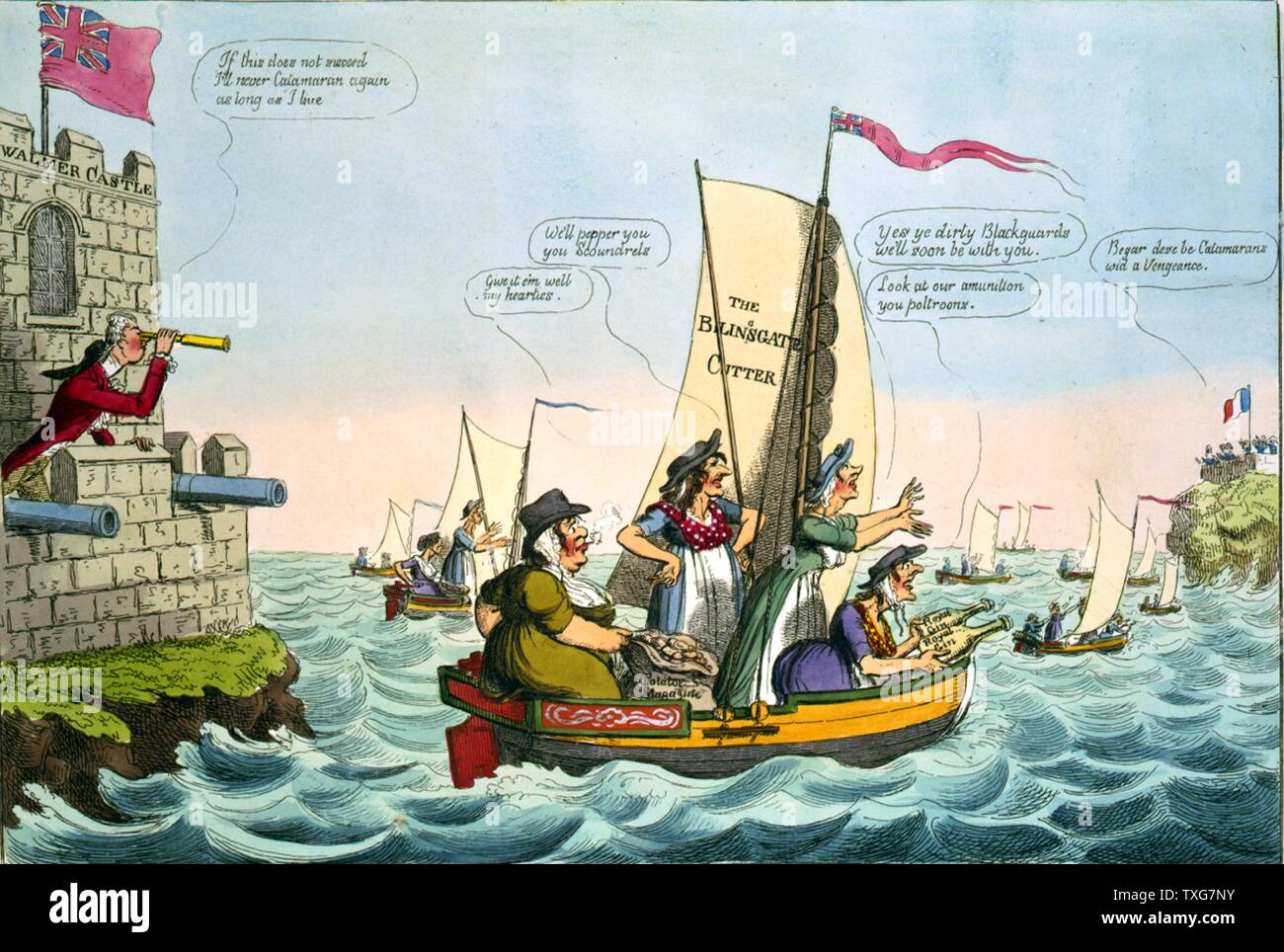Einen neuen Katamaran Expedition William Pitt der Jüngere, der britische Premierminister, Peers, wo Napoleons Armee wartet auf französischen Schiffen Kanal zu überqueren Stockfoto