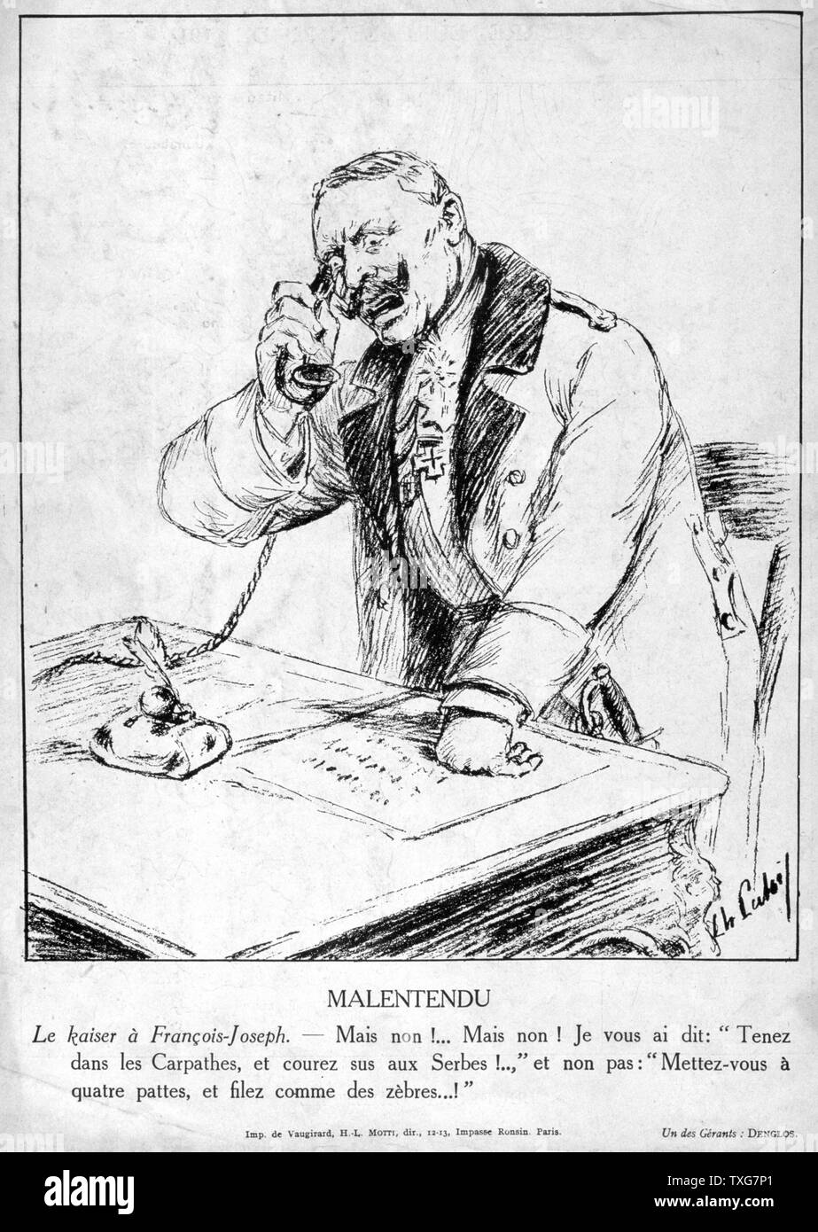 Der Erste Weltkrieg. Bin isunderstanding", Karikatur von Wilhelm II., Deutscher Kaiser, schreien das Telefon an Franz-Joseph der österreichische Kaiser für das Tun nicht das, was er gesagt hat. Von "Le Pays de France", vom 7. Januar 1915. Stockfoto