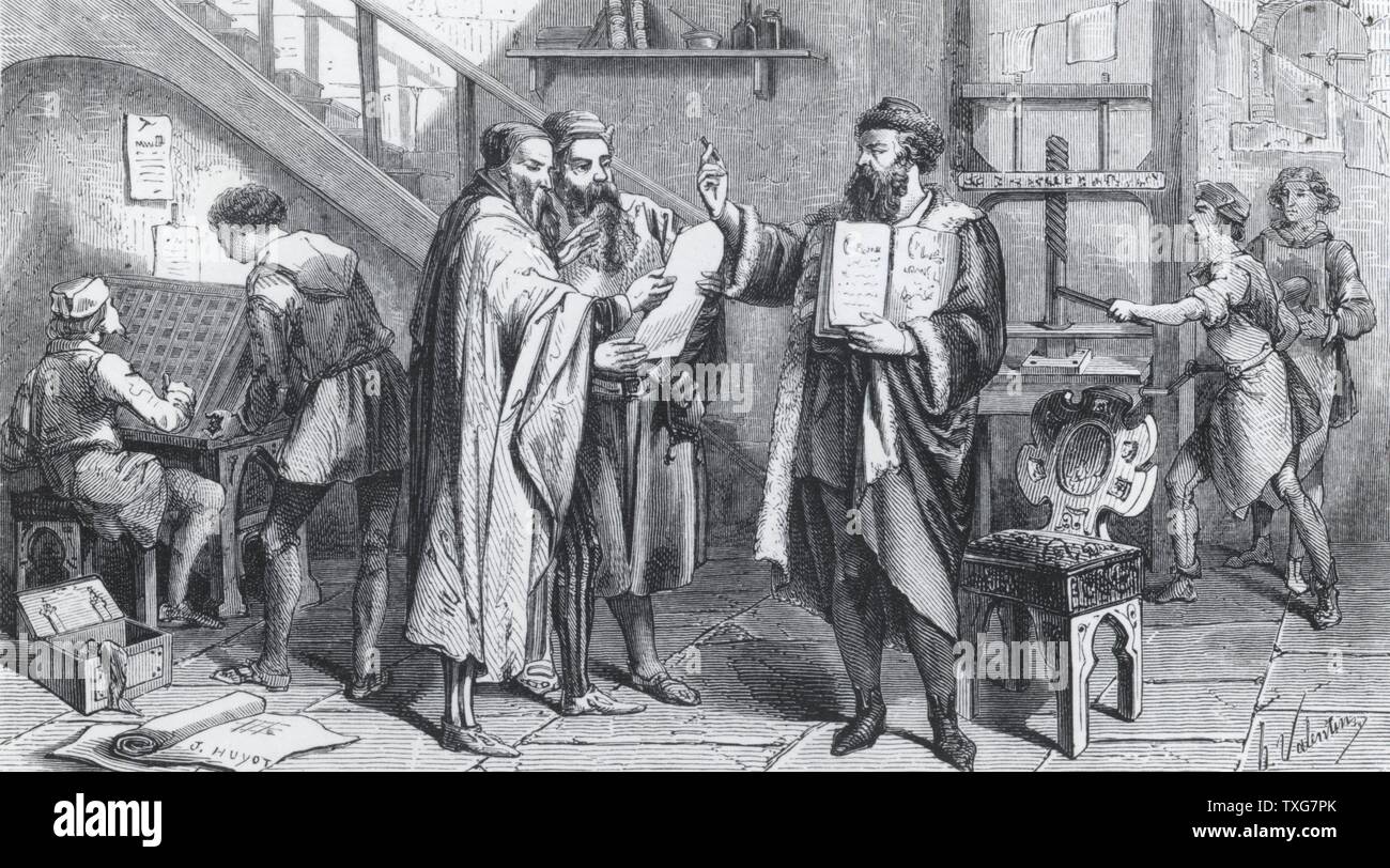 Johannes Gutenberg, Deutscher Drucker In Seiner Druckerei. In Über 1439 War  Er Der Erste In Europa Movable Type Zu Verwenden, Und Er Erfand Den  Buchdruck Holzschnitt Stockfotografie - Alamy