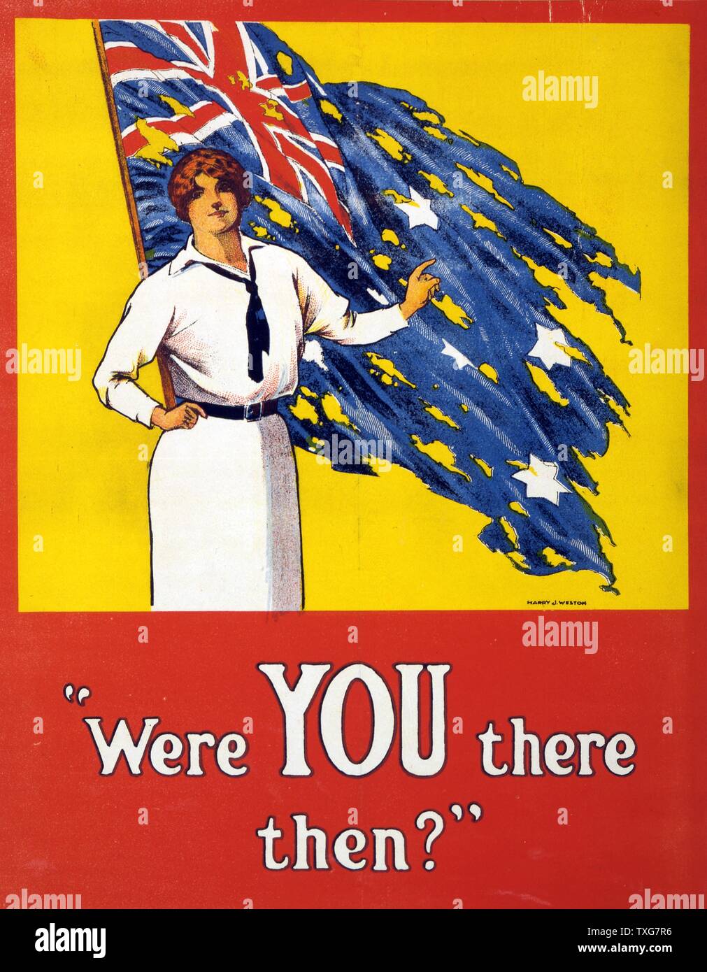 Der Erste Weltkrieg: "Waren Sie es dann?" Plakat, 1916. Frau steht vor tattered Australische Flagge die Frage. Schlacht von Fromelles, Western Front, Frankreich, 19.-20. Juli 1915, Australien 5,533 erlitten Verluste. Stockfoto