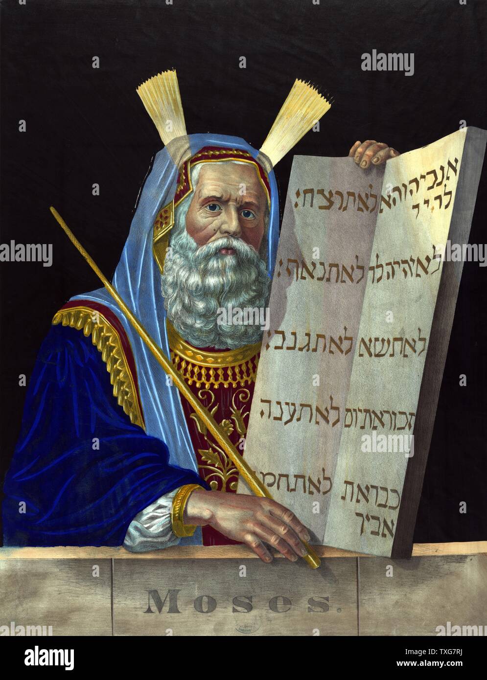 Mose, religiöse Führer und die wichtigsten Propheten der Israelit Mose hält die Tabletten eingeschrieben mit ihm die Zehn Gebote von Gott auf dem Berg Sinai Lithographie gegeben Stockfoto