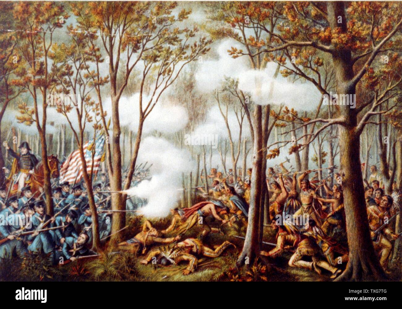 Tecumseh's War 1811-1813: Schlacht von Tippecanoe, 7. November 1811 auf indischem Territorium Kämpfen zwischen US-Truppen unter Gouverneur William Harrison und Indianischen Eidgenossenschaft geführt von Tecumseh, Shawnee Chromolithograph Stockfoto