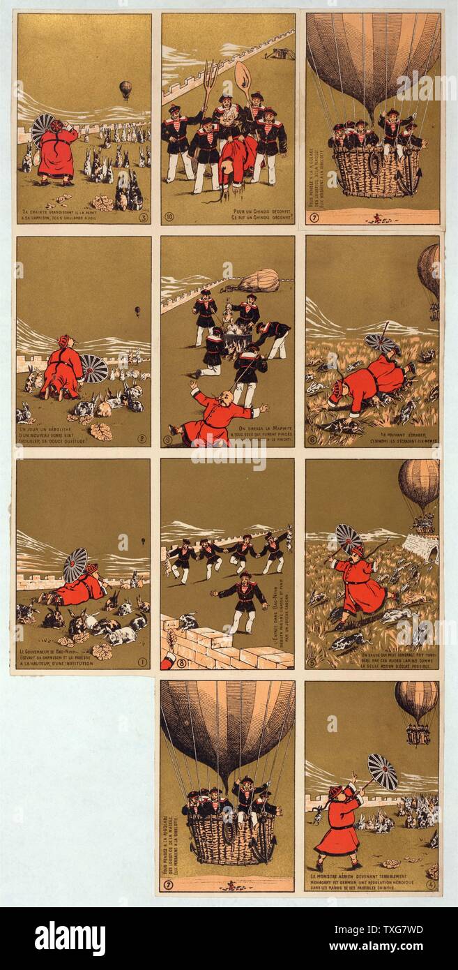 Französische satirische Karten chinesische Gouverneur von Bac-Ninh, Vietnam, mit seinem Kaninchen, sieht Ballon mit französischen Matrosen nähern. Segler Land, Gouverneur gefangen nehmen und machen Kanincheneintopf Chromolithograph Stockfoto