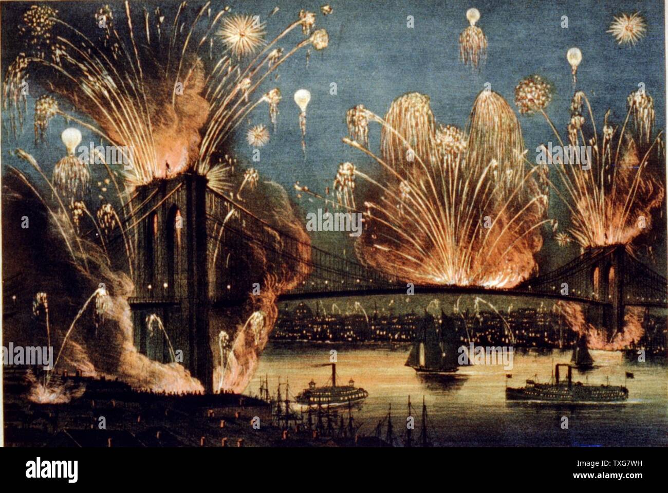 Feuerwerk zur Feier der Eröffnung der Brooklyn Suspension New York, USA, 24. Mai 1883 Chromolithograph von Currier Ives und Stockfoto