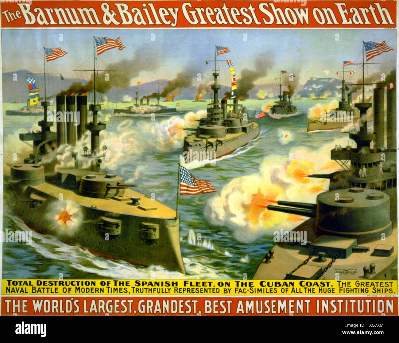 Barnum & Bailey Poster, die die Zerstörung der spanischen Flotte von den Vereinigten Staaten Bauarbeiter, Kuba Stockfoto