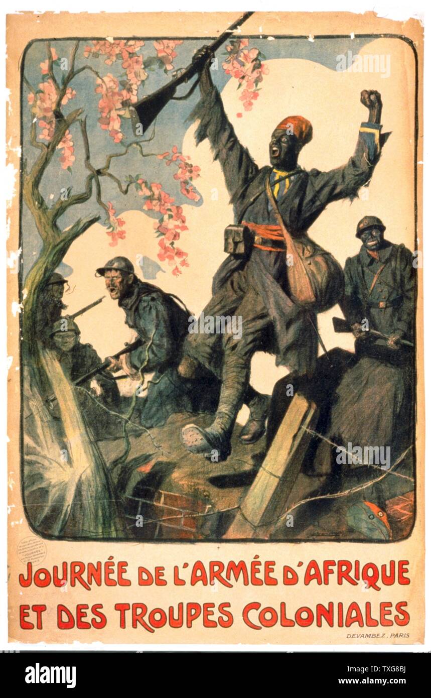 Weltkrieg I: Plakat für die Zeitschrift für Französische der afrikanischen Armee und kolonialen Truppen. Es zeigt die französischen Soldaten mit schwarzen Soldaten aus Afrika und die Kolonien Stockfoto