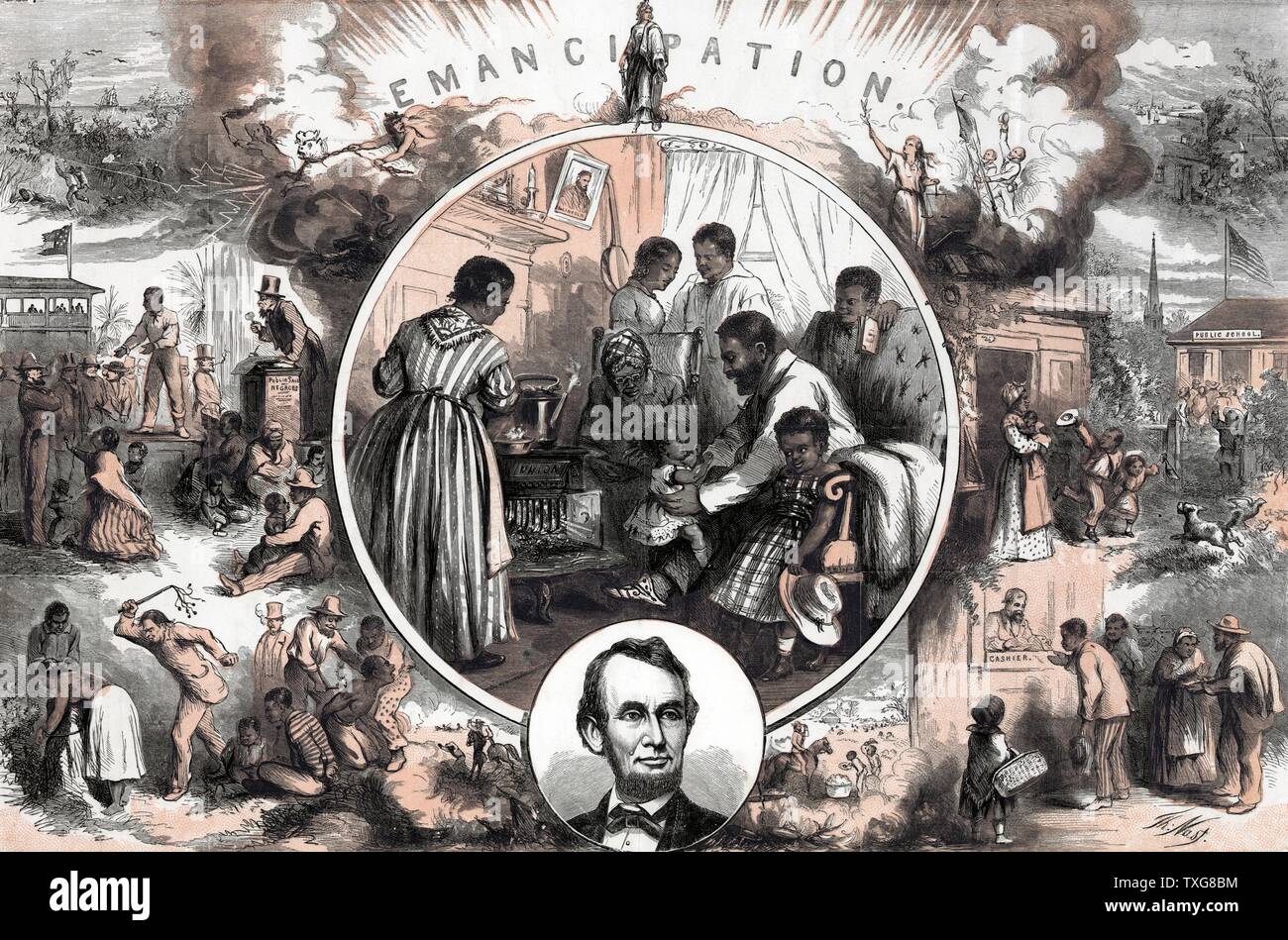 Thomas Nast amerikanischen Schule Feier der Emanzipation der Südlichen Sklaven am Ende des Amerikanischen Bürgerkrieges. Zentrum: ein freedman Home. Links: Vor der Emanzipation. Rechts: Nach der Emanzipation. Unten: Abraham Lincoln Stockfoto