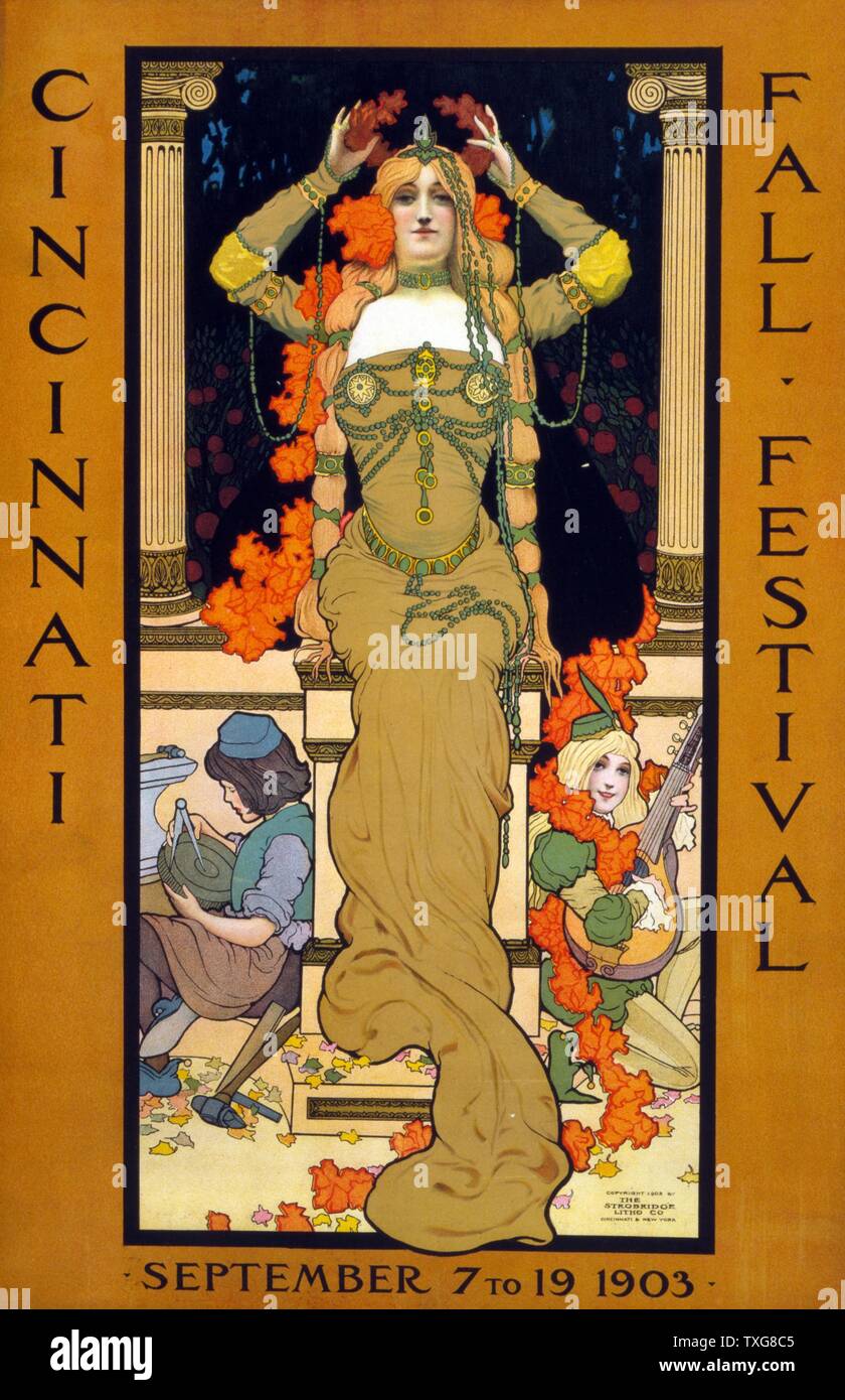Cincinnati Herbst Festival 7. bis 19. September 1903 Plakat für das Festival mit einer Frau auf ein Podest, einen Kranz auf dem Kopf sitzt und das Tragen von Jugendstil Schmuck. Ein Kind - wie Handwerker, Musiker am Fuß der Sockel Stockfoto