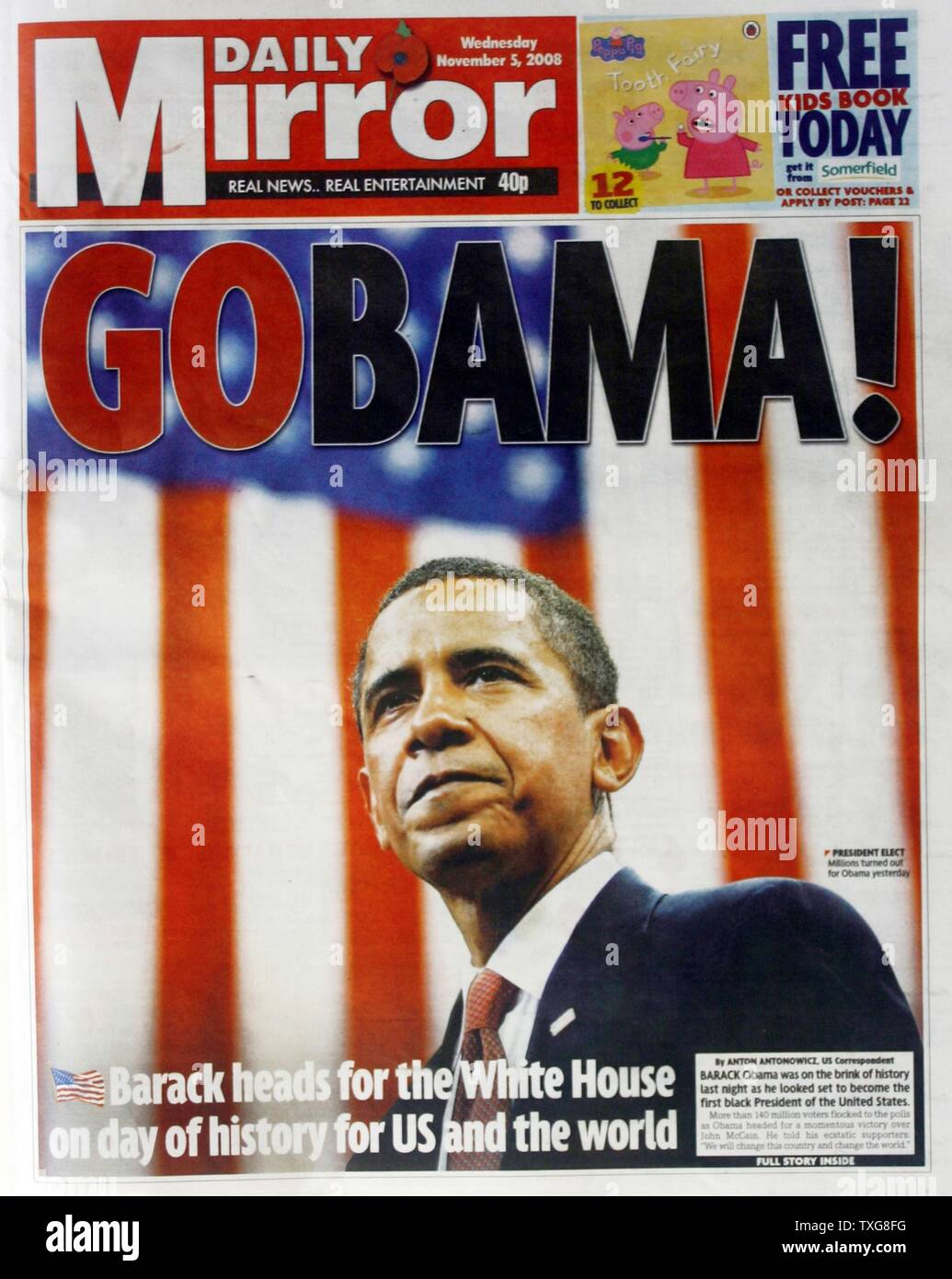 Titelseite der 'Spiegeln' Zeitung 5. November 20008 Leitung Geschichte: Wahl von Barack Obama zum Präsidenten der Vereinigten Staaten Stockfoto