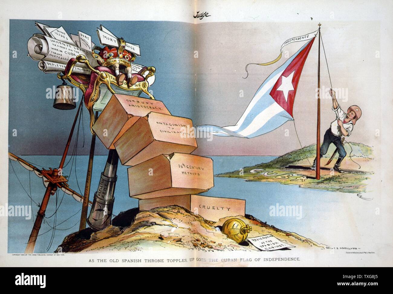 Spanisch-amerikanischen Krieg 1898: Spanien verlor ihr reich und die Vereinigten Staaten als regionale Macht in Südamerika und der Karibik Karikatur zeigt Theodore Roosevelt heben die kubanische Flagge unten Wimpel mit der Aufschrift "Unabhängigkeit" Stockfoto