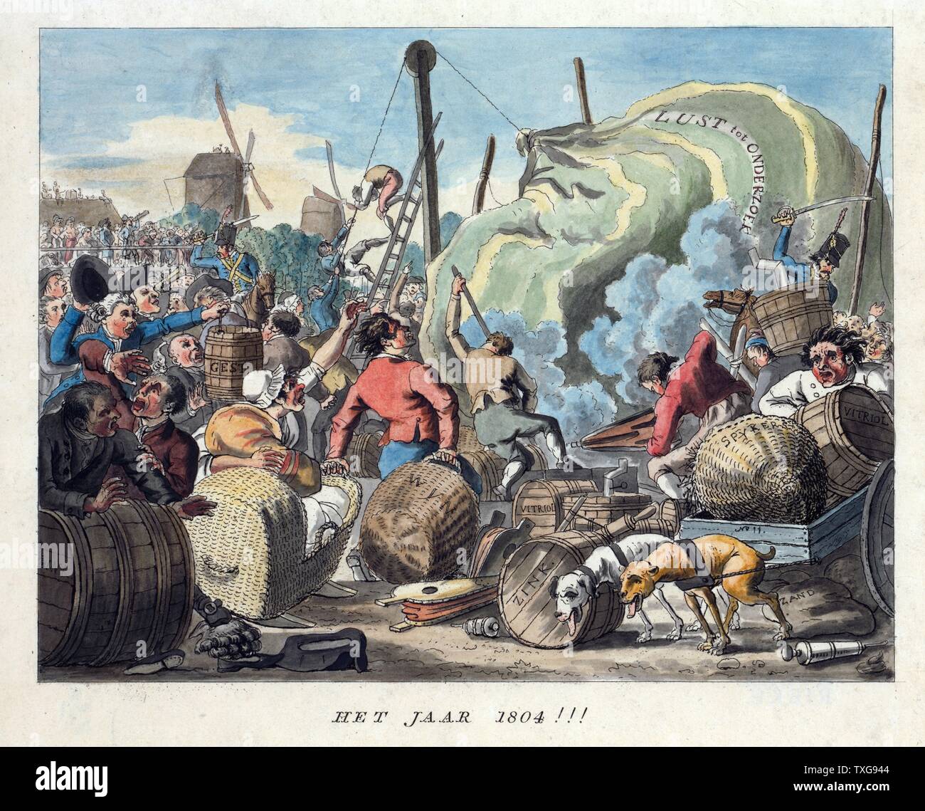 Niederländische Cartoon, Vorhersage von Ballonfahrten in 1804. Chaotische Szene als ein Versuch unternommen wird, den Ballon in der Luft zu erhalten. Vitriol (Schwefelsäure) ist in der Auslieferung Wasserstoff zu produzieren. Stockfoto