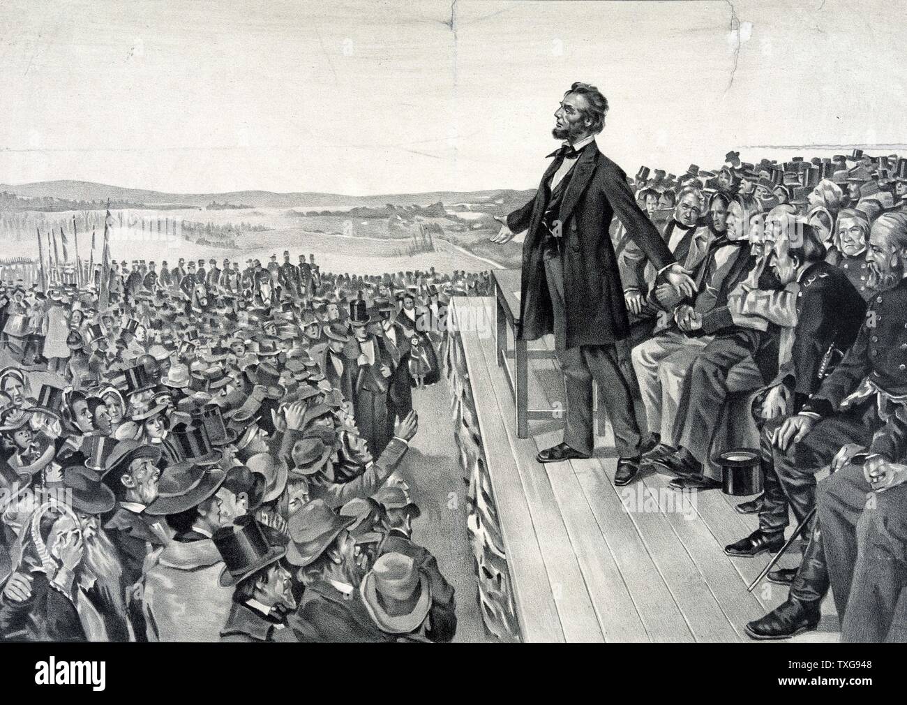 Abraham Lincoln seine berühmte Adresse am 19. November 1863 bei der Einweihung der Soldaten National Cemetery bei Gettysburg auf der Website des Amerikanischen Bürgerkrieg Schlacht mit der größten Zahl der Todesopfer Lithographie Stockfoto