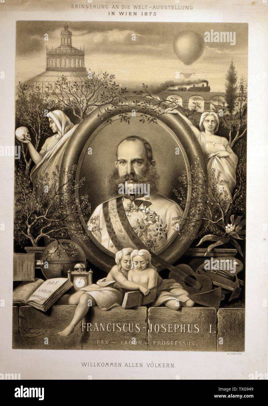 Franz Joseph I., Kaiser von Österreich und König von Ungarn von 1848 bis 1916 Porträt anlässlich der Wiener Weltausstellung Lithographie Stockfoto