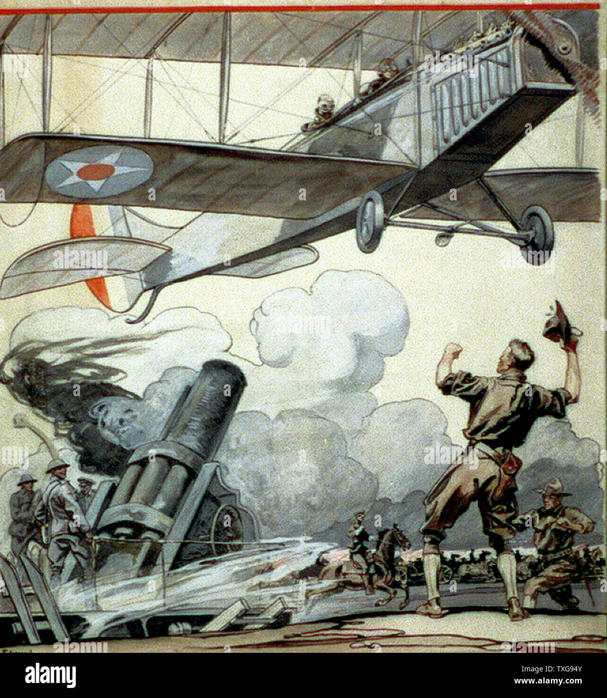 Edward Penfield amerikanischen Schule Flugzeug, Artilleriegeschützen und Soldaten Aquarell Stockfoto