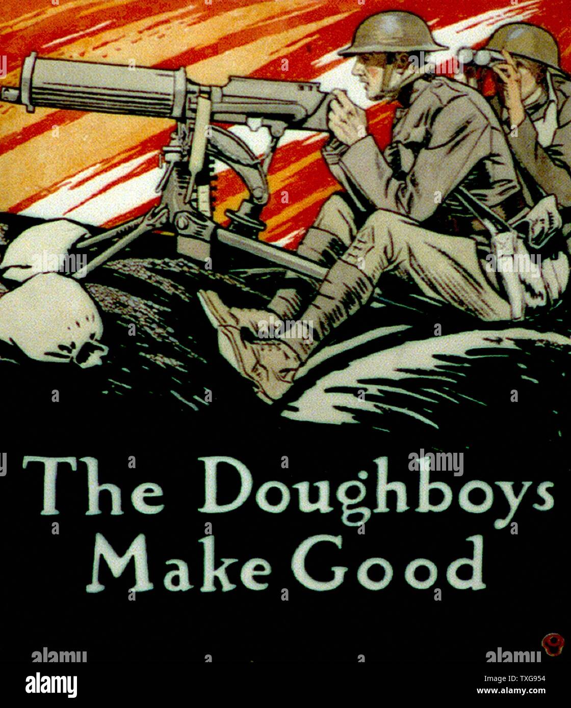 Edward Penfield amerikanische Schule Die Doughboys machen Gute - amerikanische Soldaten im Ersten Weltkrieg Der Betrieb einer Maschine Gewehr auf dem Schlachtfeld Aquarell Stockfoto