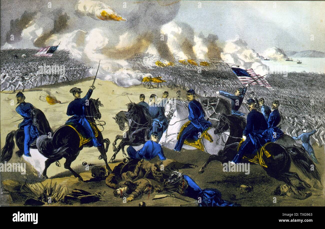 Amerikanischer Bürgerkrieg 1861-1865: Schlacht von Pittsburgh Landung (Schlacht von Shiloh, Tennessee, 7. April 1862. General Ulysses Grant führenden Union (Nördlichen) Kräfte gegen die Eidgenossen Southern. Drucken von Currier & Ives Stockfoto