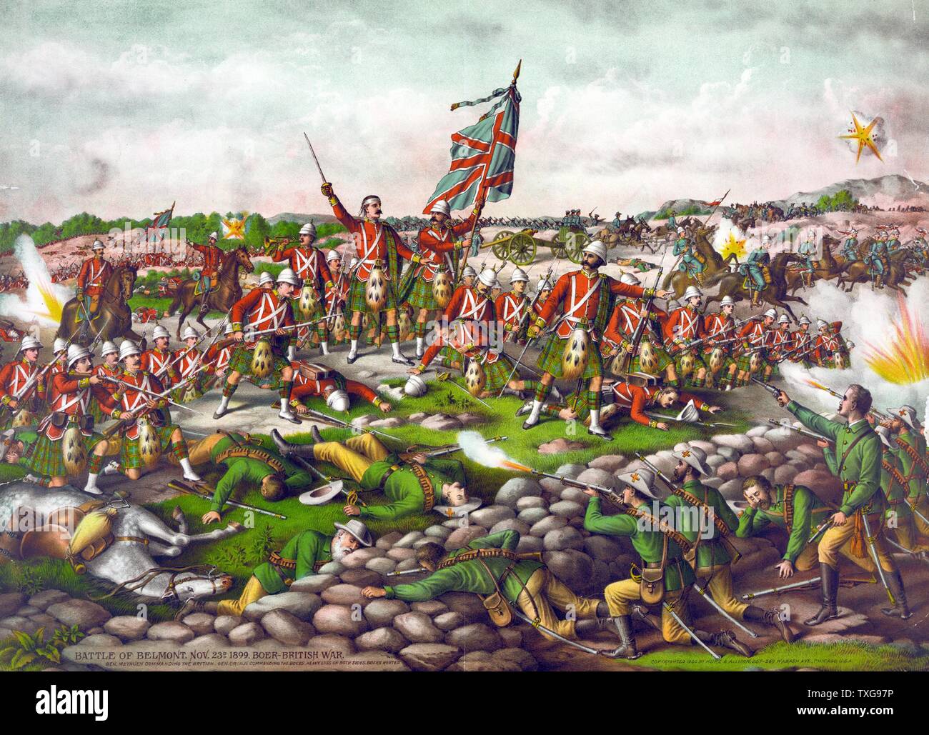 Zweiten Burenkrieg 1899-1902: Schlacht von Belmont, Orange Free State. Die britische Bevölkerung unter Lord Methuen angreifenden Boer Position unter Kommandant J Prinsloo. Chromolithograph Stockfoto