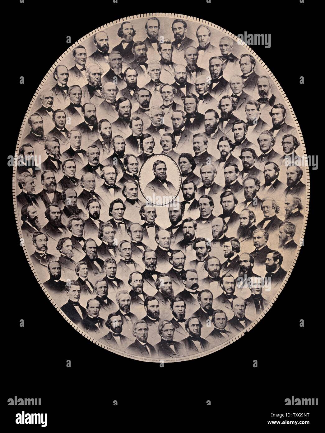 Fotomontage von Vertretern, die sich auf die Entschließung gestimmt, die eine Angelegenheit der Verfassung der Vereinigten Staaten zu ändern, um der Sklaverei in der Gesetzgebung der verschiedenen Staaten - 1865 zu verbieten. Stockfoto