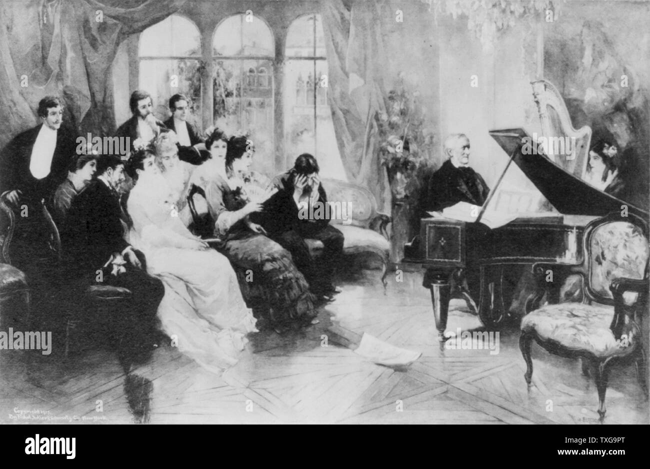 Richard Wagner (1813-1883), deutscher Komponist und Dirigent am Flügel sitzt, spielt Musik aus seiner Oper "Parsifal" für eine intime Gruppe von Freunden Stockfoto